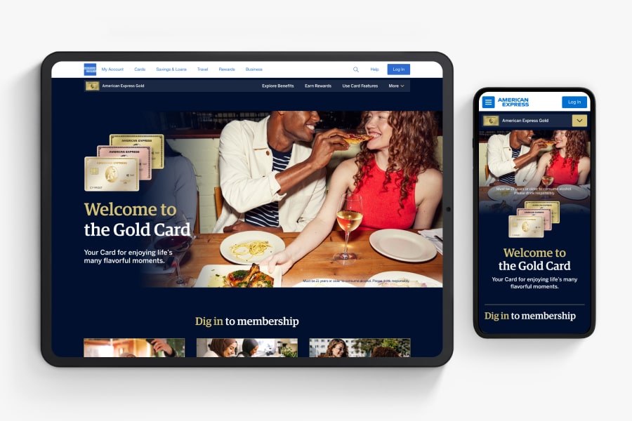A tablet and smartphone lay open side by side, showing the responsive homepage of the Gold Card digital guide.