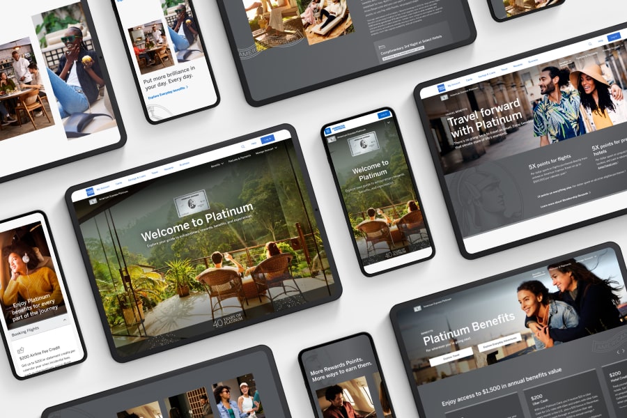 An array of tablets and smartphones display different pages within a Platinum Card digital guide, all seamlessly scaling across devices.