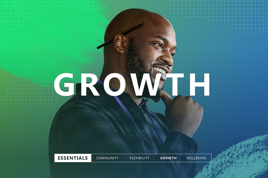 A Black man on a background swirling with blue and green is overlaid with the word “Growth.” 
