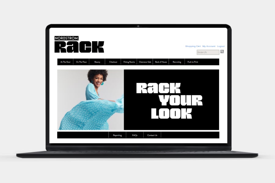 A laptop is open to the Nordstrom Rack signage ordering portal, which includes a stylish example sign.