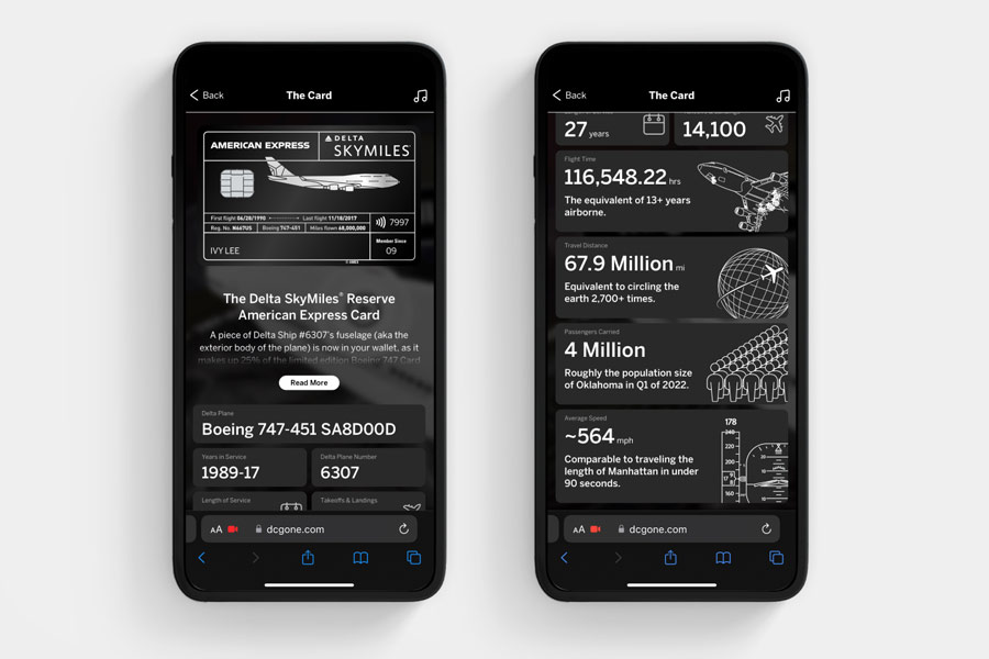 A white plane is drawn on the black background of a credit card, and a CTA invites users to learn more about the card.