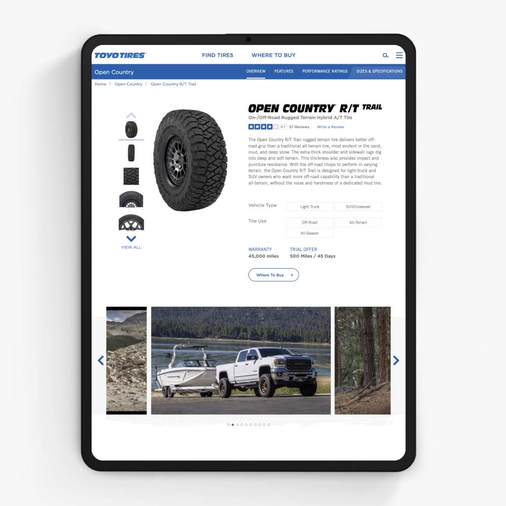 A tire detail page shows the tread, a description and set of specs, and photos of use cases for the tire.